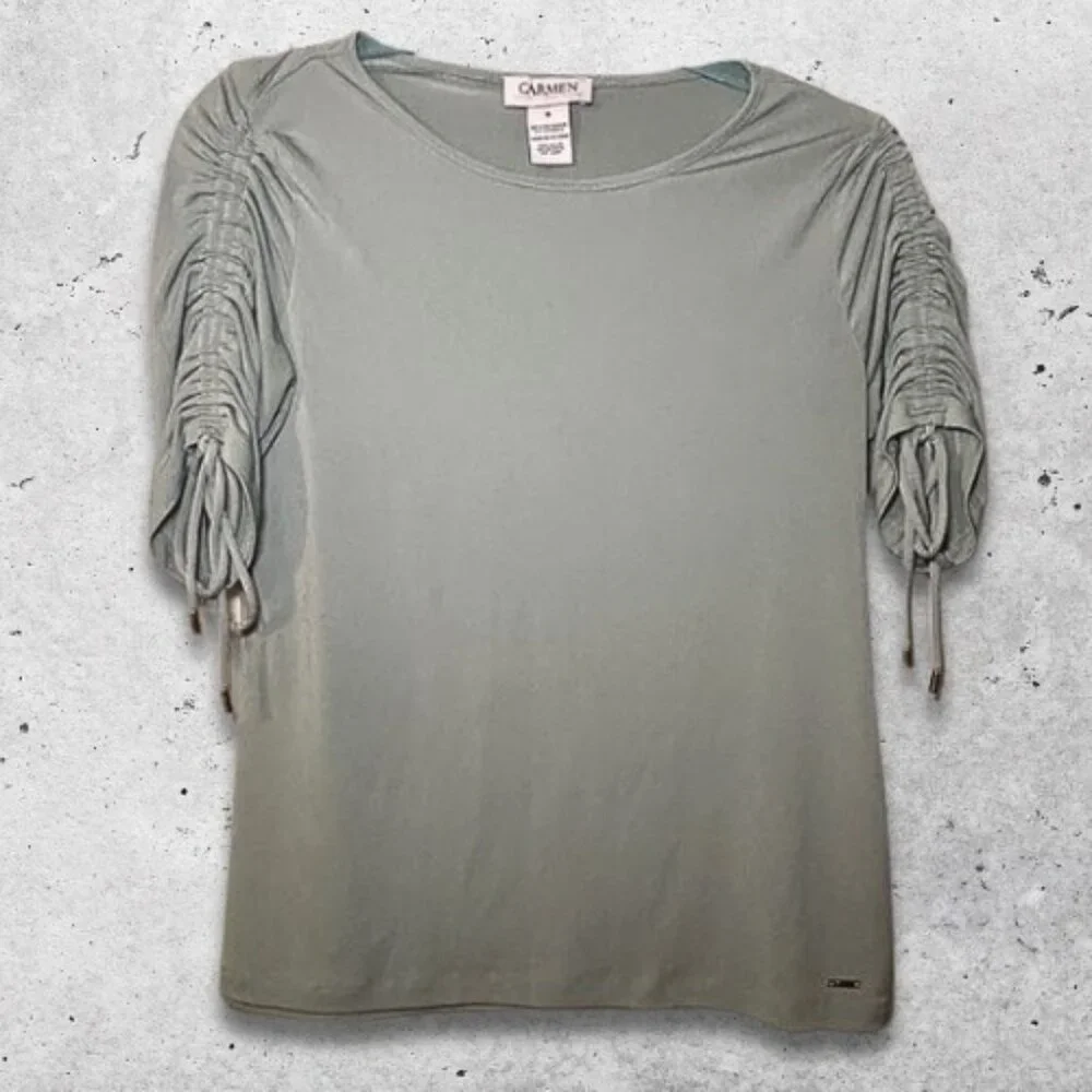 Carmen Marc Valvo Blouse Ruched Sleeves Adjustable Ties Round Neckline Green W S - Picture 1 of 8